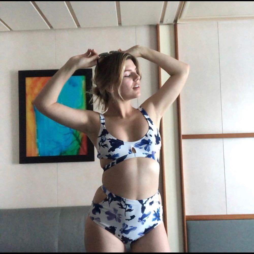 Blue and white cutout swimsuit